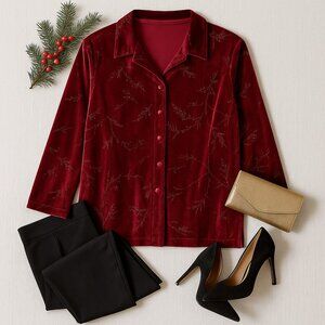 Vintage K.C. Spencer Velour Blouse Sparkle Floral Button Front Holiday L/XL